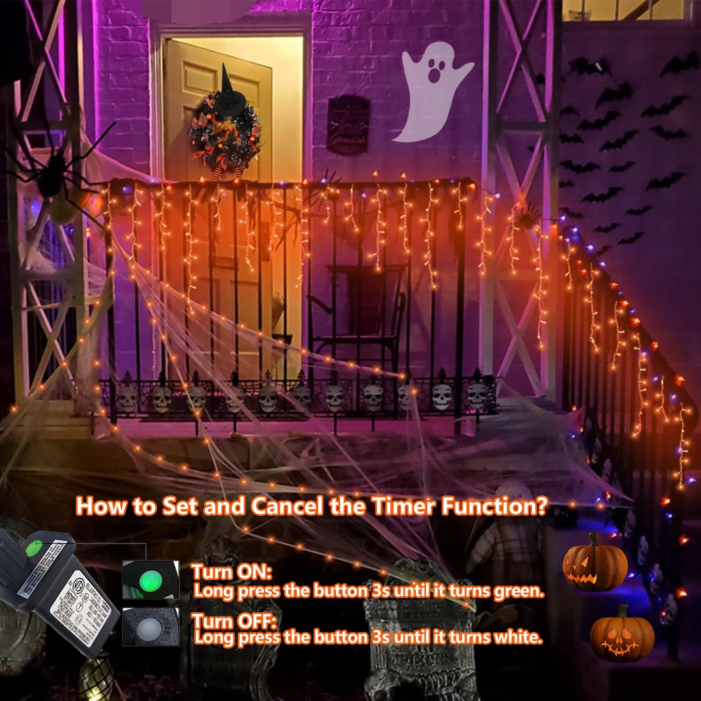 QITONG Orange Icicle Lights for Outside, 33ft 400 LED String Light with 8 Modes, Clear Wire Connectable Icicle Christmas Lights Indoor Plug in for Halloween Thanksgiving Fall Décor