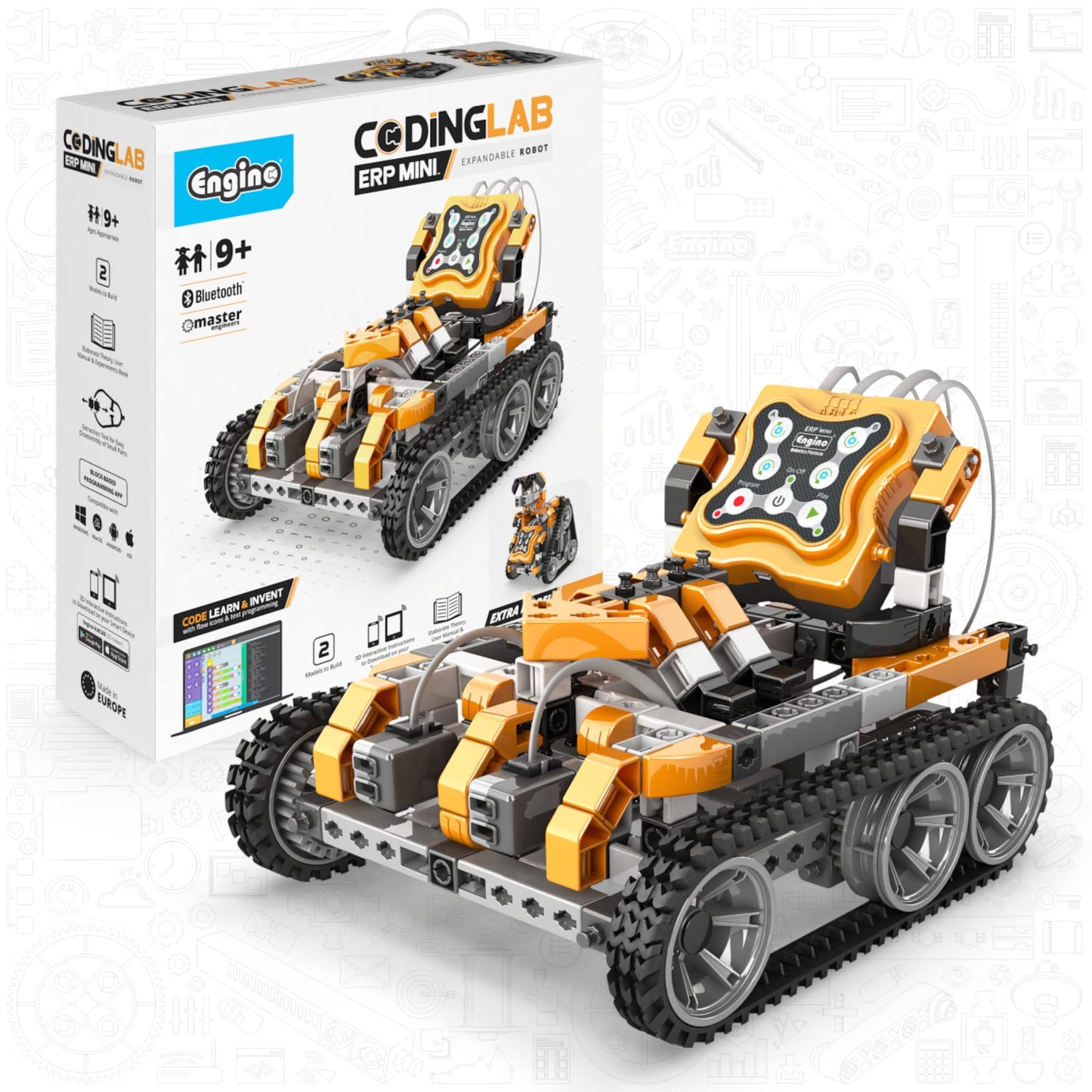 Engino Coding Lab: ERP Mini Robotics, Programmable STEM Robot for Kids Ages 9+, Coding Project, Gift for Boys & Girls, STEM Learning Toy with 2 Sensors, 2 Motors & Programming Software