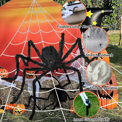 Halloween Decorations Set, 276'' Triangular Huge Spider Web + 59'' Giant Fake Spider and 20Pcs Mini Fake Spiders 40g Fine Cobweb Props for Indoor Outdoor Yard Scary Haunted House Halloween Party Décor