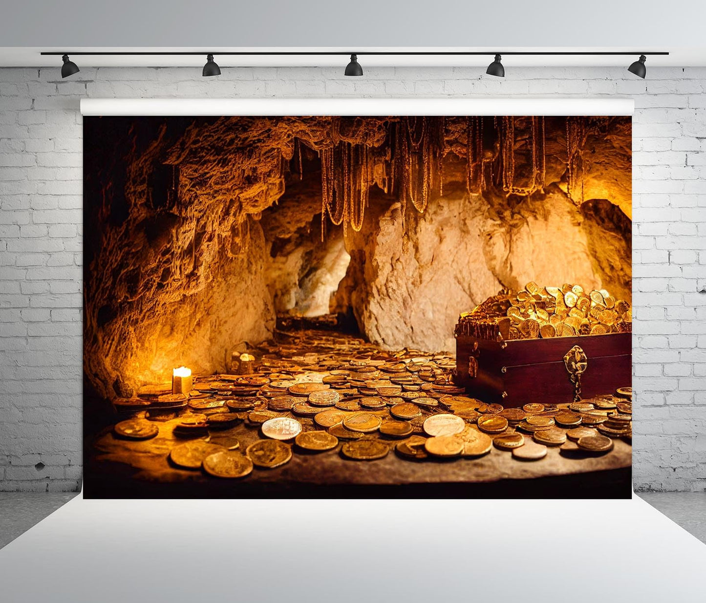 BELECO 10x6.5ft Fabric Mountain Cave Treasuer Chest Backdrop Antique Treasure with Gold Coins Jewelry Background Pirate Theme Party Decorations Halloween Trunk or Treat Decor Photoshoot Studio Props