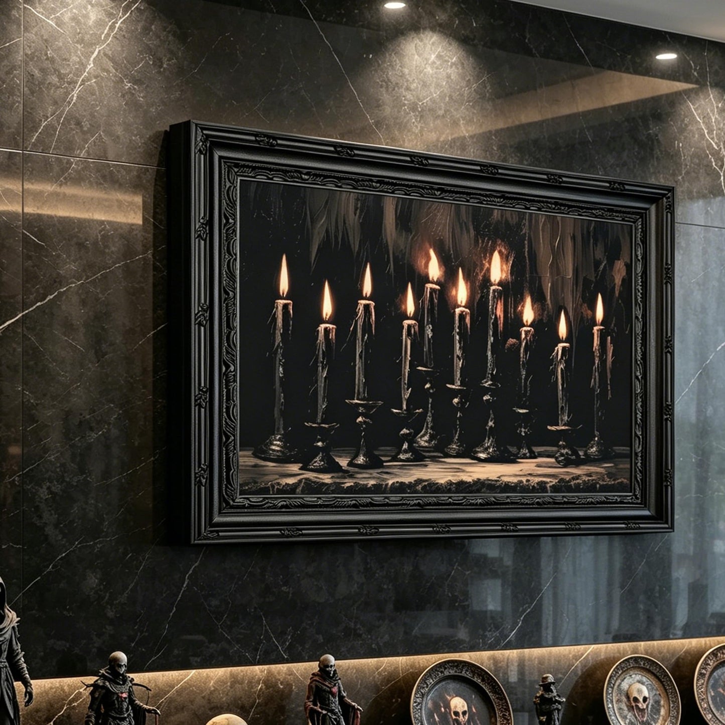 Framed Halloween Candle Canvas Wall Art,Dark Moody Painting Picture Wall Decor,Gothic Poster Print Art,for Bathroom Living Room Gallery Home Decoration 9x11in