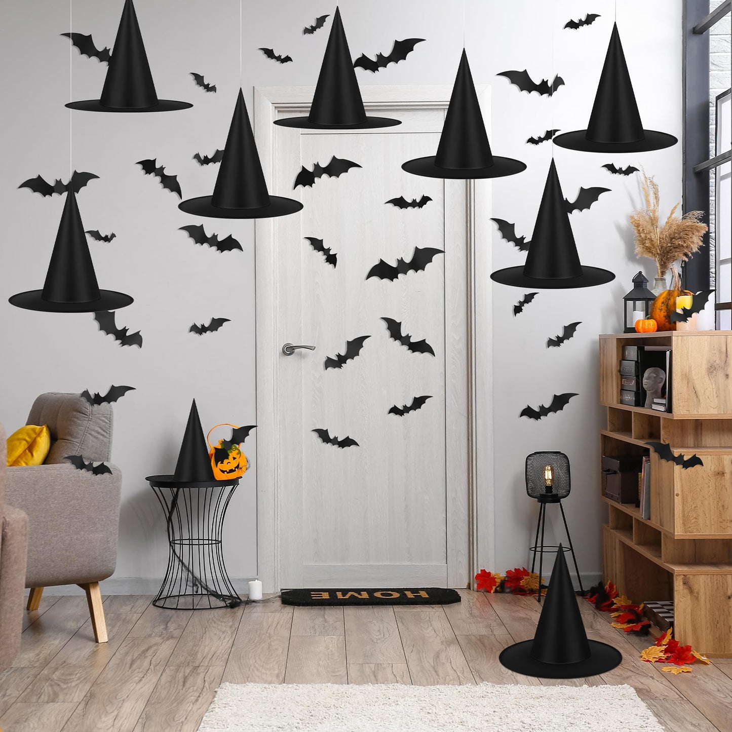 Shojoy 14 Pieces Halloween Black Witch Hats with 32 Pieces 3D Bats Sticker Wall Decor and 328 Feet Hanging Rope Witch Hat Decoration Cosplay Costume Accessory Caps Halloween Fancy Caps Yard Decor