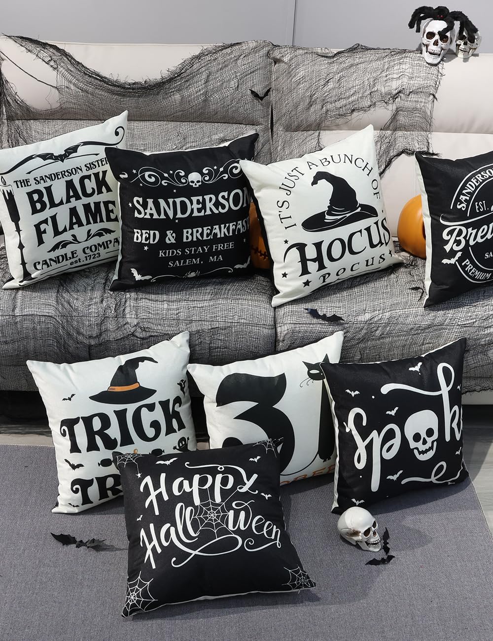 TOYPOPOR Halloween Decorations Pillow Covers Double-Side Printing 18x18 Set of 4 Indoor/Outdoor Hocus Pocus Farmhouse Decorative Cushion Cases Spider Web Cat Skull Home Decor