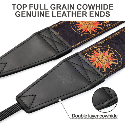 Padwa Lifestyle Helios Moon God Camera Strap -2" Full Grain Leather Ends Camera Straps for Photographers, Vintage Embroidered Cotton Weave Soft Suede Fabric Padded Strap Quick Release fits All Cameras