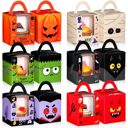 Qeeenar 60 Pieces Halloween Cupcake Boxes Halloween Individual Carriers Party Boxes with Clear Window for Cupcake Candies Gifts Wrap Dessert Table Decoration