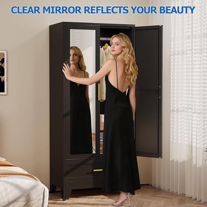 GAIOUS Steel Armoire Wardrobe Closet with Mirror Door and Drawer 71" Black | Household Wardrobe Cabinet with Hanging Rod, Metal Clothing Storage Cabinet with Adjustable Shelf for Bedroom, Cloak, Gym