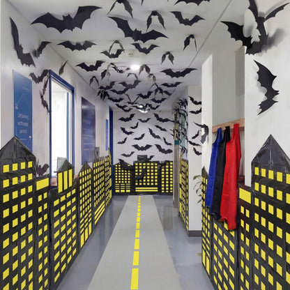 Preboun Bat Theme Party Decorations Skyscraper City 8.2x3.3 ft Backdrop with 9.8x1.3ft Road Rug 3D Bat Cutouts Modern City Backdrop Hero Birthday Decor for Hallway Wall Background Photo Props