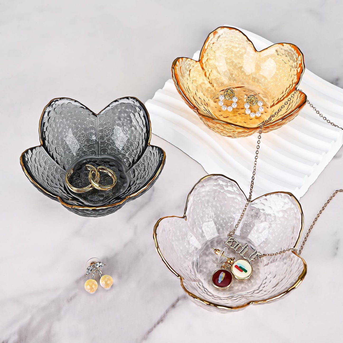Koythin 3-Piece Glass Jewelry Tray, Small Trinket Holder for Necklace Bracelet Earring, Ring Holders for Bathroom, Aesthetic Trinket Dish, Flower Nightstand Decor for Girl Mom (Transparent White)