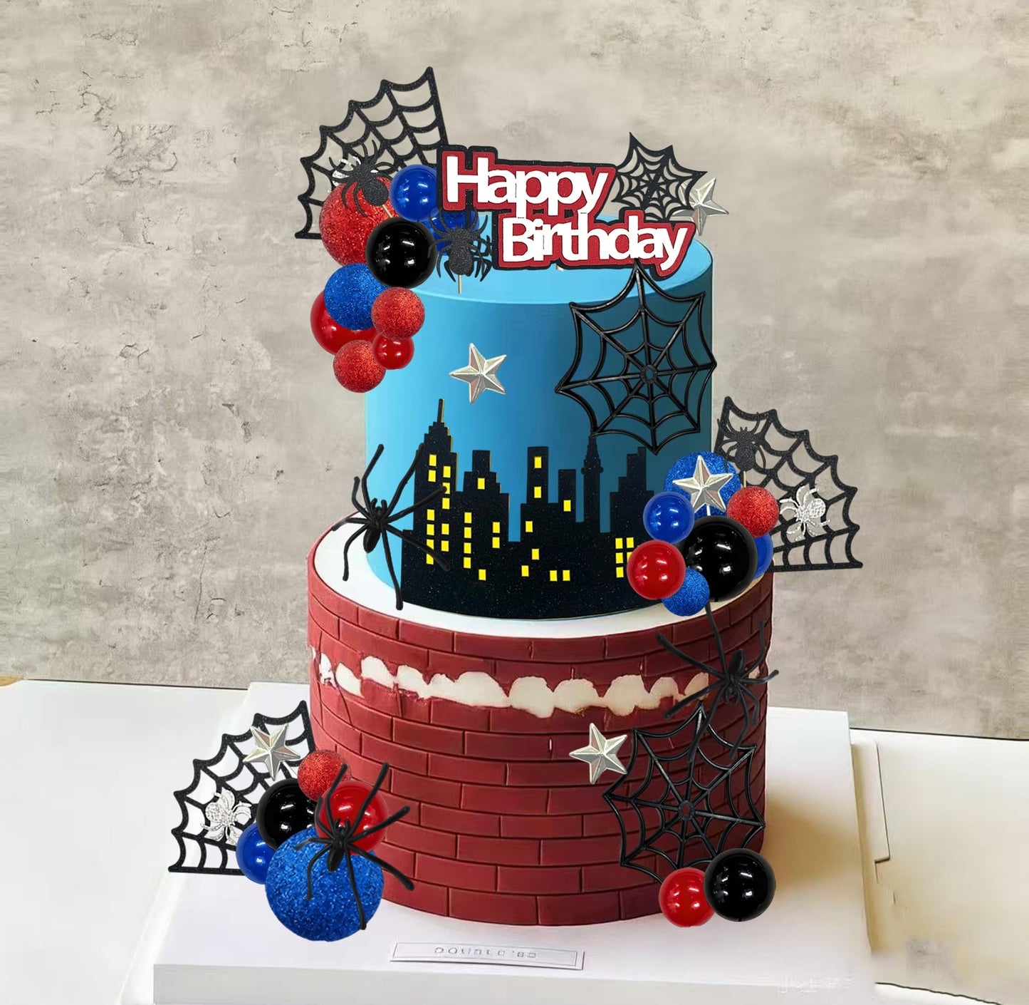 Tyotrbs Spider Cake Topper Spider Web Cake Decoration Spiders Theme Cake Decor Happy Birthday Toppers Stars Red Blue Balls Cupcake Topper for Hero Party Supplies