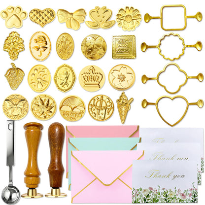 39Pcs Wax Seal Stamp Kit,Vintage Classic Sealing Wax Stamp Heads with Wooden Handle & Metal Wax Seal Molds and Spoon, with Envelope Greeting Card, for Gift Wrapping,Wedding & Party Invitations