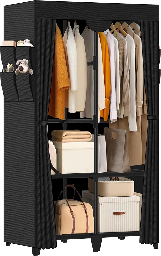 Wardrobe Closet, Quick and Easy Assembly, Black Portable Closet with 2 Hanging Rods 4 Storage Shelves and 8 Side Pockets, Sturdy and Stable Clothes Rack with Cover, for Bedroom and Dormitory