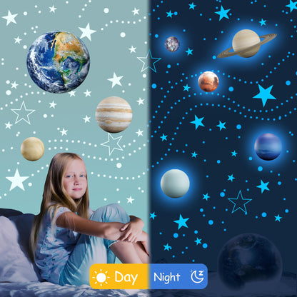 Glow in The Dark Stars Solar System Wall Decals, The Earth Wall Stickers for Bedroom, Baby Nursery Planets Sticker Decoration for Ceiling (Blue)