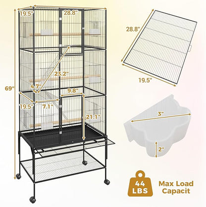 69" H Large Bird Cage, Bird Cage with 3-Tier Platforms, Ladders, Perches, Feeder, Wide Birdcage for Parakeets, Conures, Lovebirds, Quaker, Cockatiels, Budgie, Black