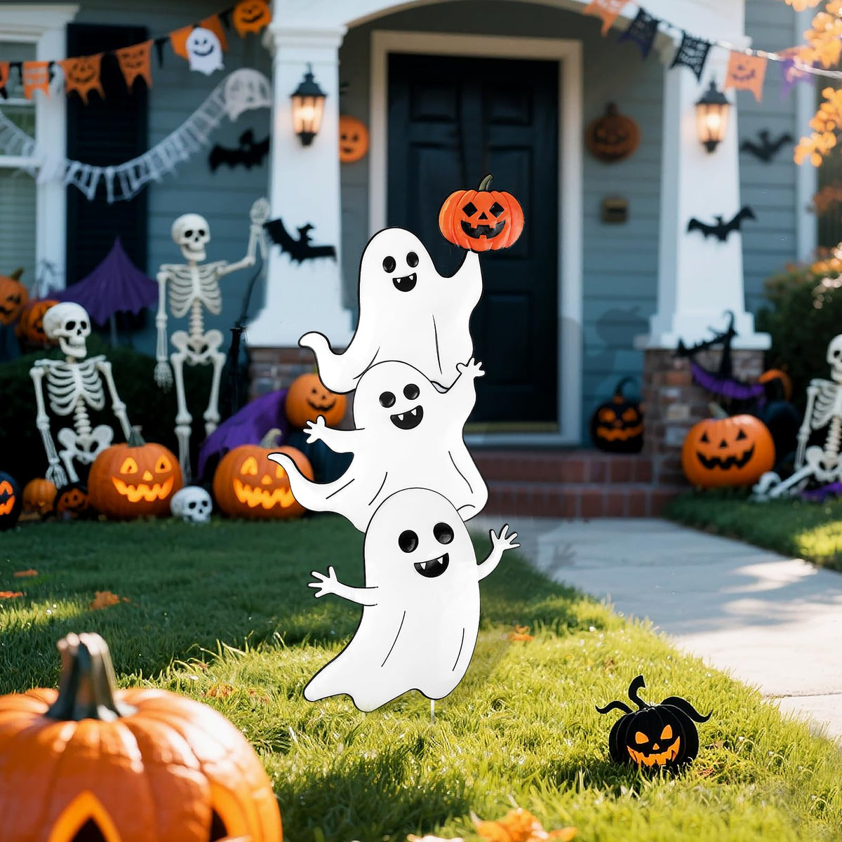 TaoQ C Halloween Ghost Yard Signs Metal Ghost Yard Sign with Pumpkin Halloween Metal Garden Stakes for Outdoor Garden Lawn Patio Pathway Horror Party Decorations
