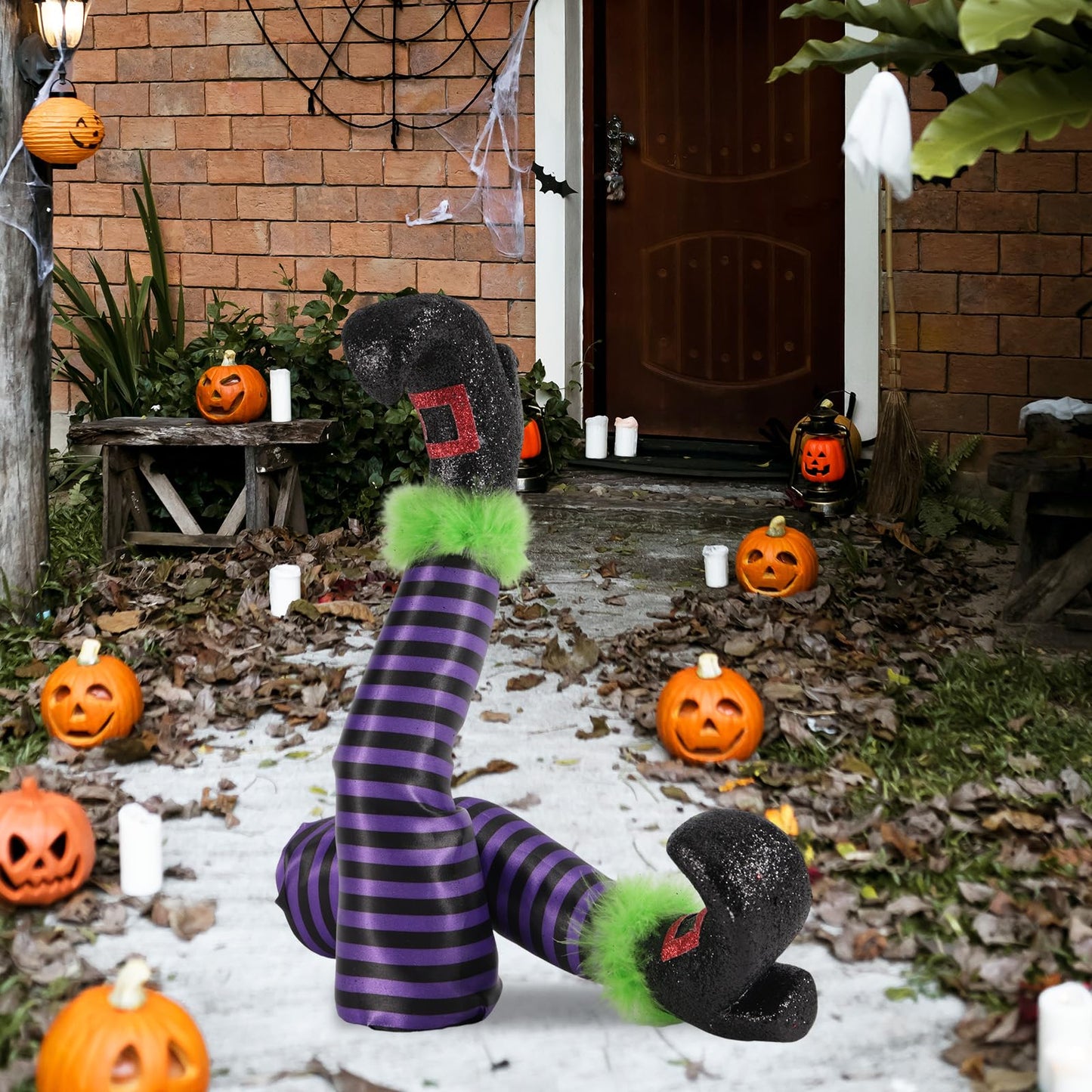 Fukaisu 2 Pcs Halloween Witch Leg Decorations with 2 Rods, Upside Down 3D Witch Legs Garden Stake Boots Decor with Purple Stripes for Lawn Garden & Indoor Halloween Shoes Decorations ﻿