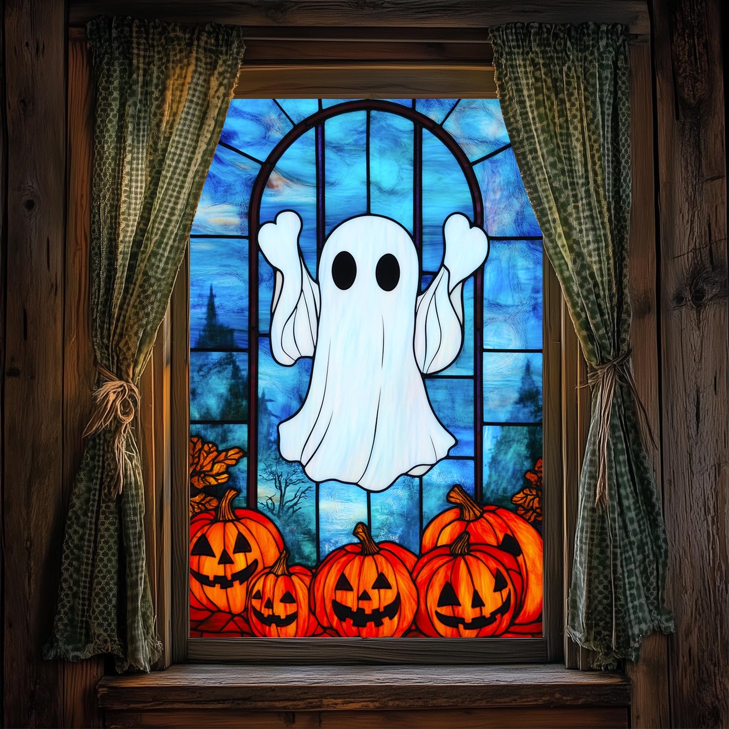 HOMETITUTE Halloween Ghost Window Film 31x47 Inch Pumpkin Decorative Window Film Cute Spooky Glass Cling for Kids Party Door Mirror Privacy Decor Stained Glass Windows Art for Home School Office