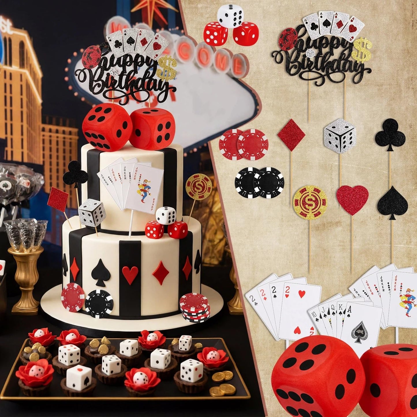 Gersoniel 20 Pcs Casino Cake Decorations Set Casino Theme Party Decorations Includes Poker Dice Chips Poker Birthday Decor Cake Cupcake Topper Happy Birthday Topper for Party