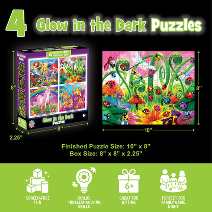 MasterPieces – Jigsaw Puzzle Set for Kids 6+ Years, 4-Pack of 100 Pieces, Educational and Fun Game, Purple Glow in the Dark Collection, Gift Idea for Children, 8" x 10