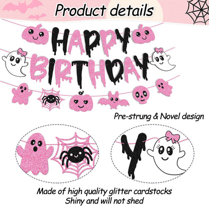 Pink Black Halloween Birthday Banner Ghost Bat Happy Boo Day Little Boo Themed for Girl Happy Birthday Party Supplies Glitter Halloween Decoration