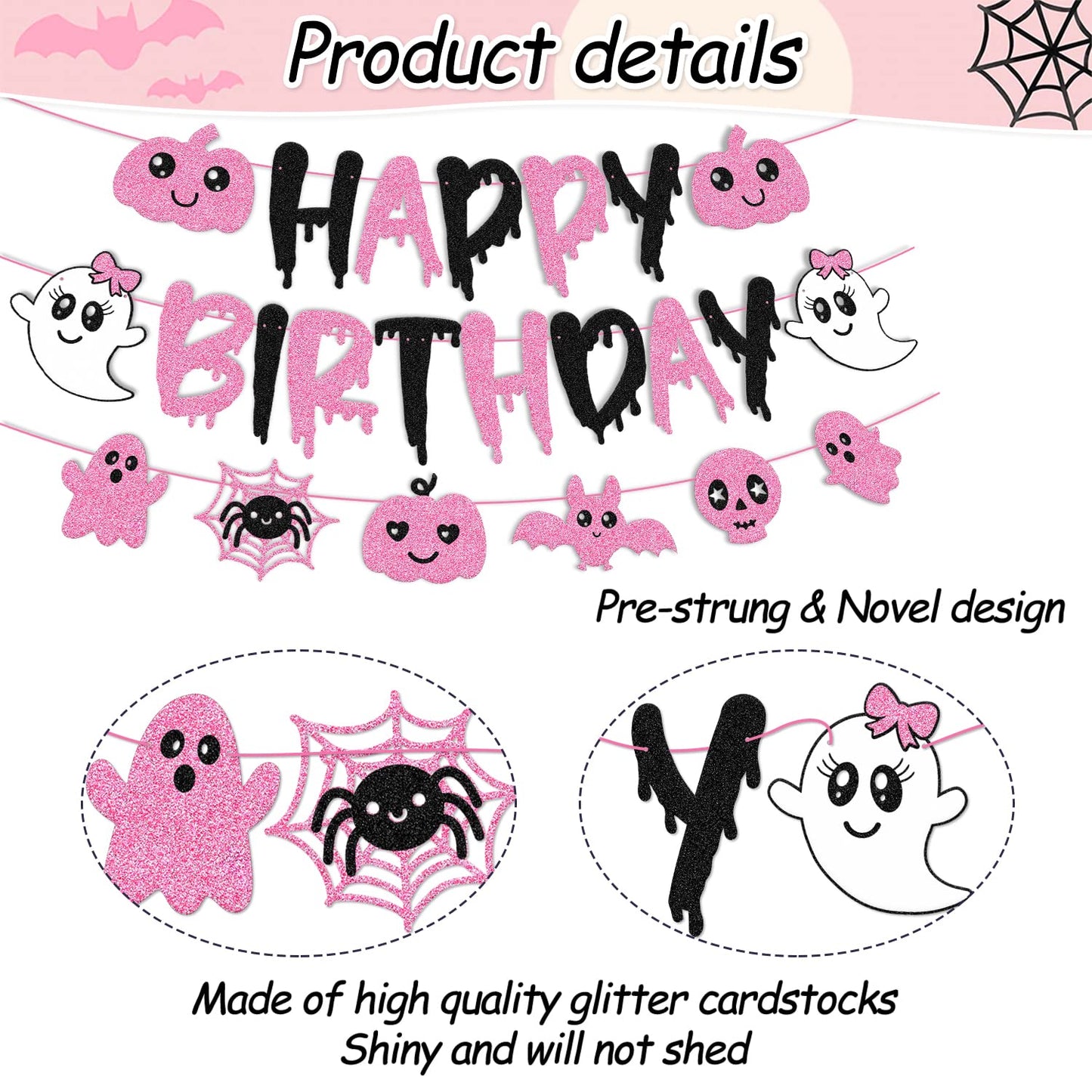 Pink Black Halloween Birthday Banner Ghost Bat Happy Boo Day Little Boo Themed for Girl Happy Birthday Party Supplies Glitter Halloween Decoration