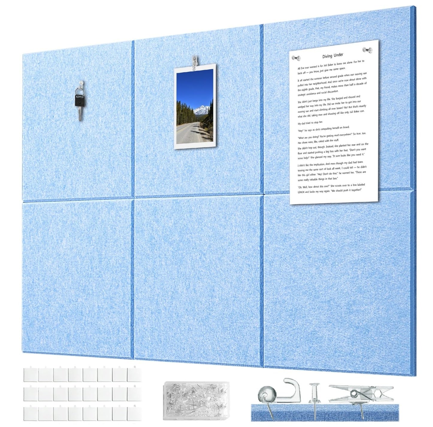 G Gamit Felt Wall Tiles Bulletin Board Large Cork Board Alternative 6 Pack 11.81”x11.81”x0.47” Felt Pin Board Tack Board with Safe Removable Adhesive Tabs for Home Office School 36x24 (Light Blue)