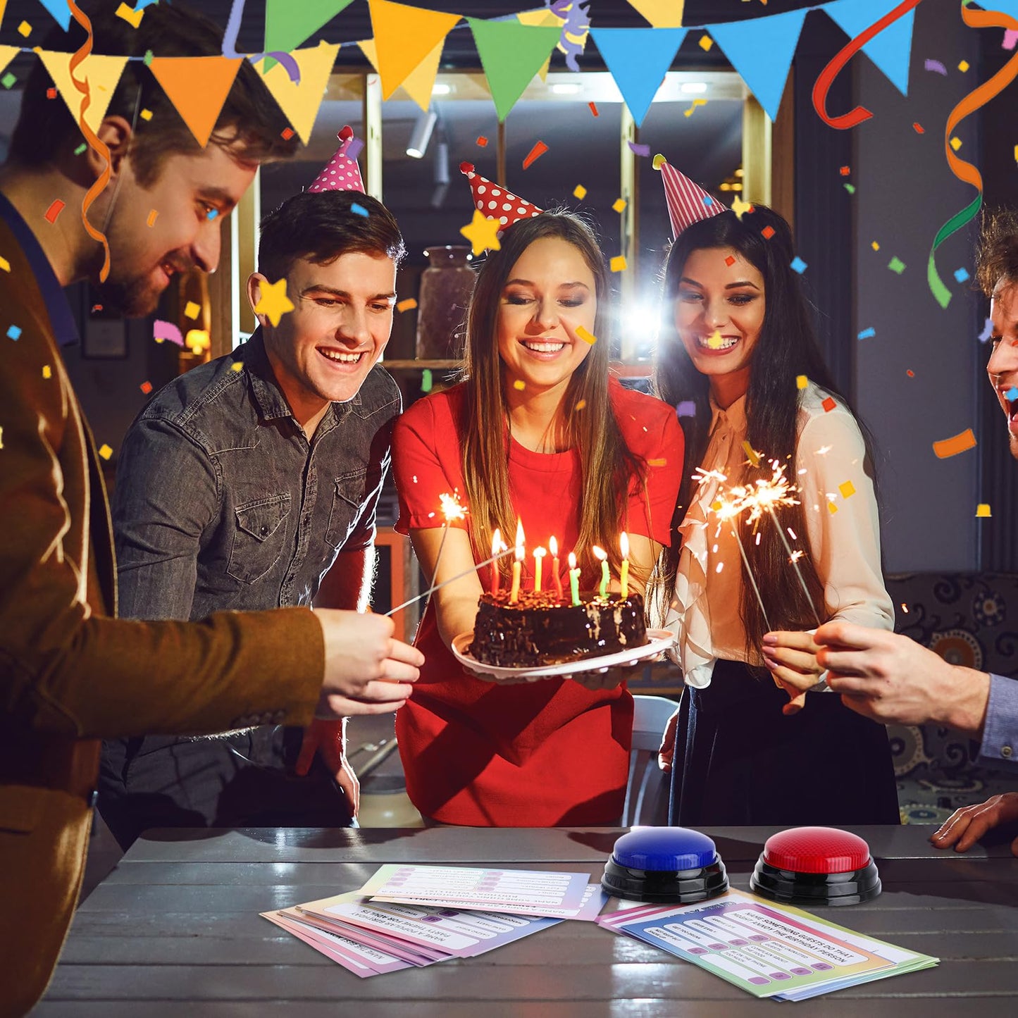 Soulchen Birthday Friendly Feud Game Set Birthday Party Game Trivia Quiz with Cards and 2 Buzzer for Family Home Games Activities Party Supplies, Battery Not Included
