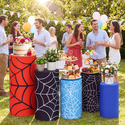 Moukeren 5 pcs Spiderweb Themed Cylinder Pedestal Stand Covers Spandex Plinth Red Blue Cylinder Stand Cover for Spider Web Theme Party Birthday Baby Shower Event Decor