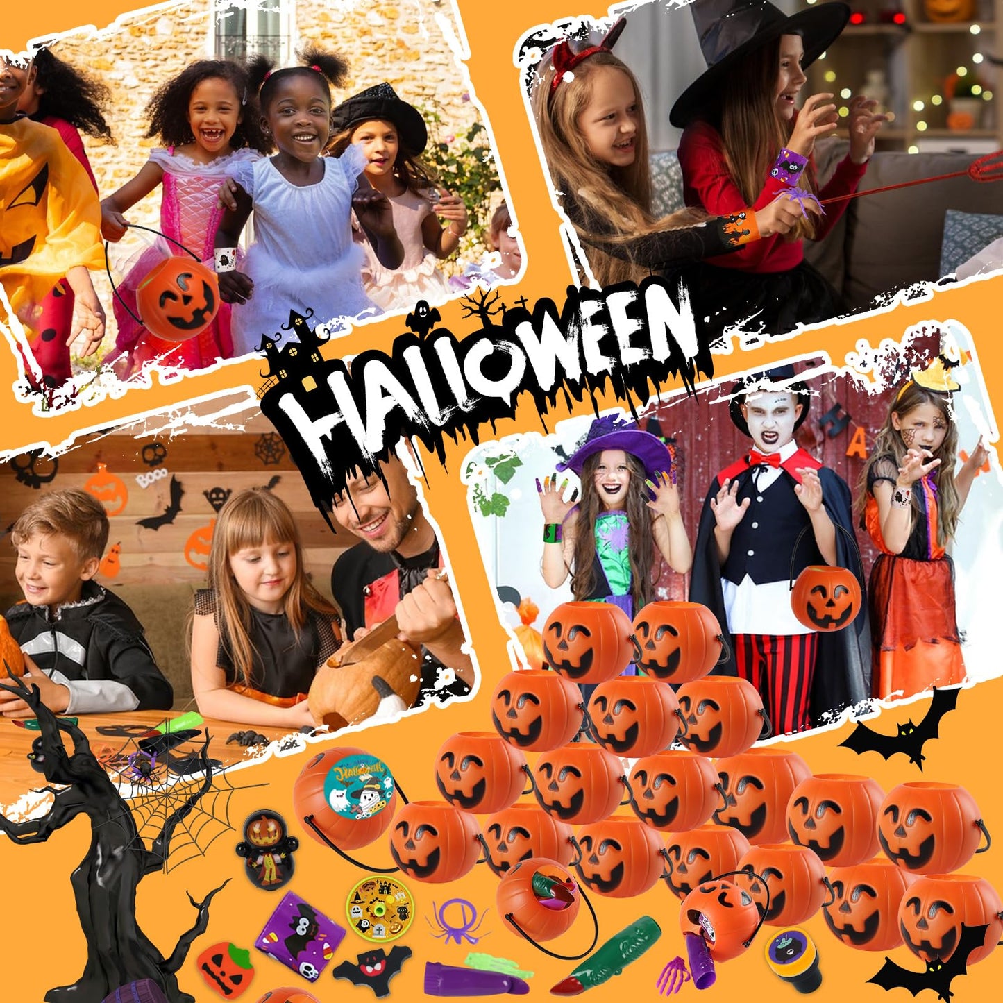 KPHNGB 240PCS Bulk Halloween Party Favors - 24 Pack Pre-filled Mini Pumpkin Buckets Set, Non-Candy Treats Toys & Goodie Bags Stuffers for Trick or Treat, Kids' Prizes