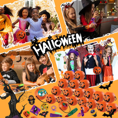 KPHNGB 240PCS Bulk Halloween Party Favors - 24 Pack Pre-filled Mini Pumpkin Buckets Set, Non-Candy Treats Toys & Goodie Bags Stuffers for Trick or Treat, Kids' Prizes