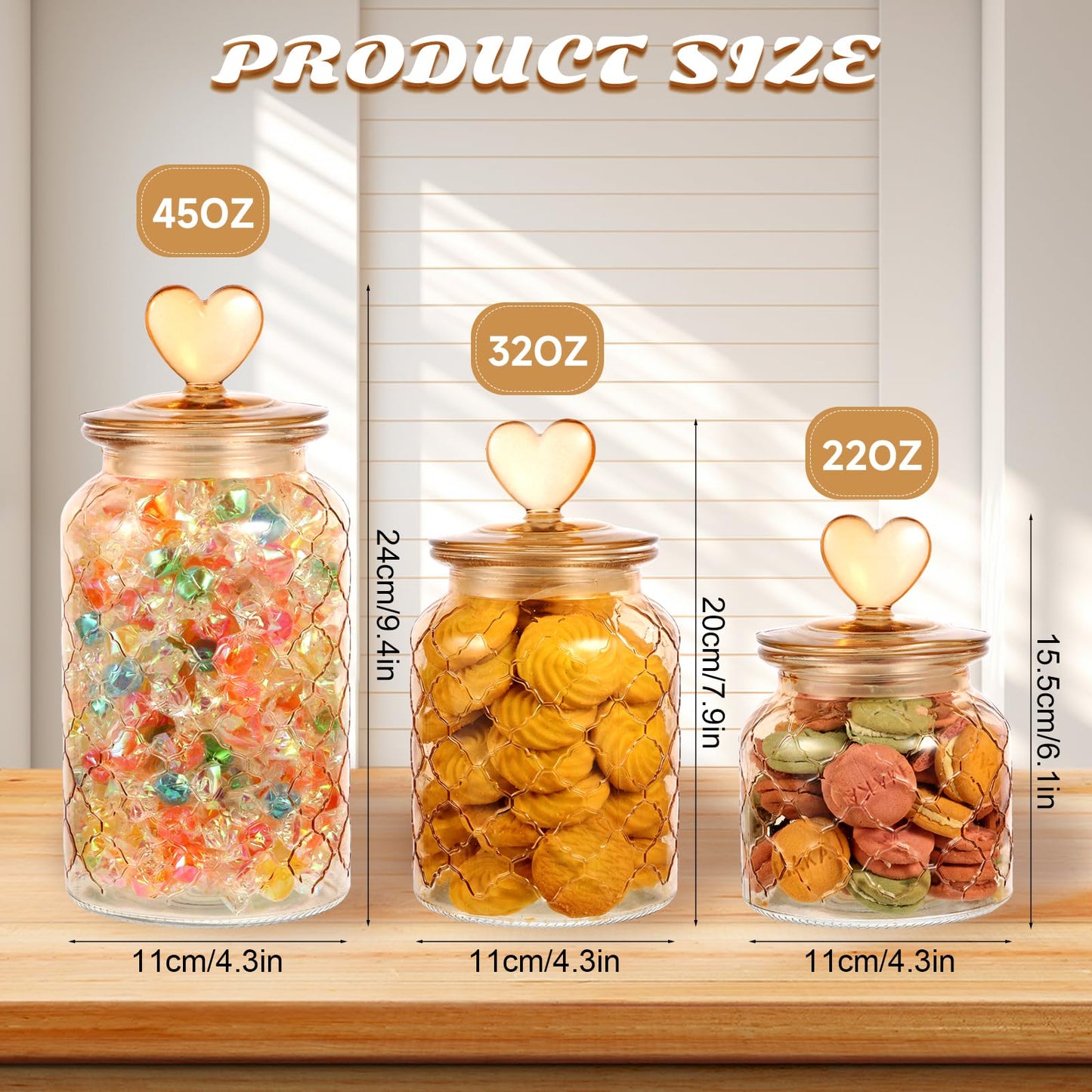 Rainmae 3 Pcs Heart Candy & Cookie Jars with Lids, 22 32 45 oz Cute Heart Shaped Airtight Food Storage Glass Cookie Containers for Kitchen Decorative Apothecary Canisters (Amber)