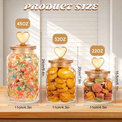 Rainmae 3 Pcs Heart Candy & Cookie Jars with Lids, 22 32 45 oz Cute Heart Shaped Airtight Food Storage Glass Cookie Containers for Kitchen Decorative Apothecary Canisters (Amber)