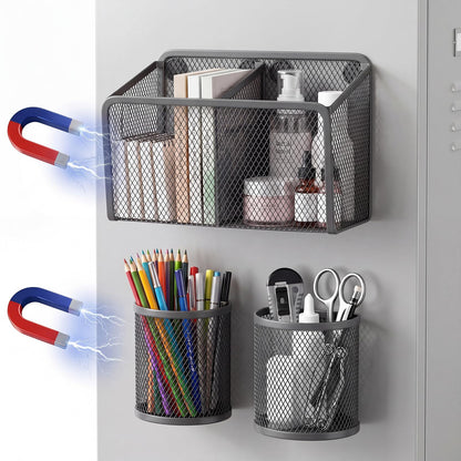 Marspark 3 Pcs Magnetic Pen Holder Set Metal Pencil Holder with Strong Magnets Wire Mesh Storage Basket Organizer for Locker Accessories Whiteboard Refrigerator School Office Dorm(Grey)