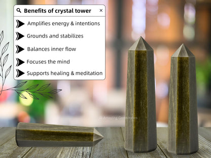 Amazing Gemstone Golden Sheen Obsidian Crystal Towers - Natural Healing Crystal Point Obelisk for Reiki Healing and Crystal Grid (3" to 4" INCH)