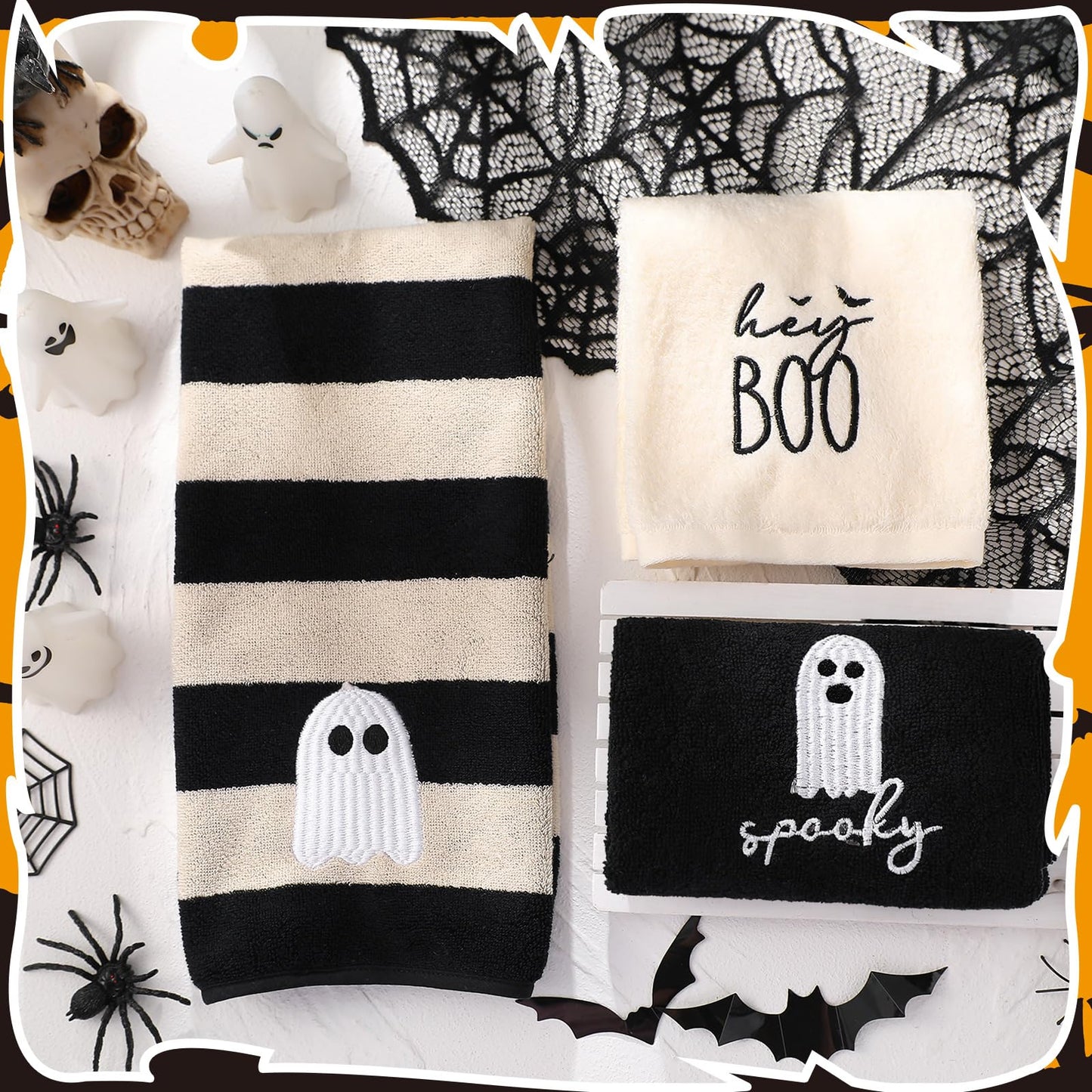 SmoothNovelty 3 Pcs Halloween Ghost Hand Towels for Bathroom Cotton Embroidered Rodeo Kitchen Towels 13.3" x 29.5" Rustic Gifts for Bath Shower Farmhouse Decors Housewarming Gift(Black)