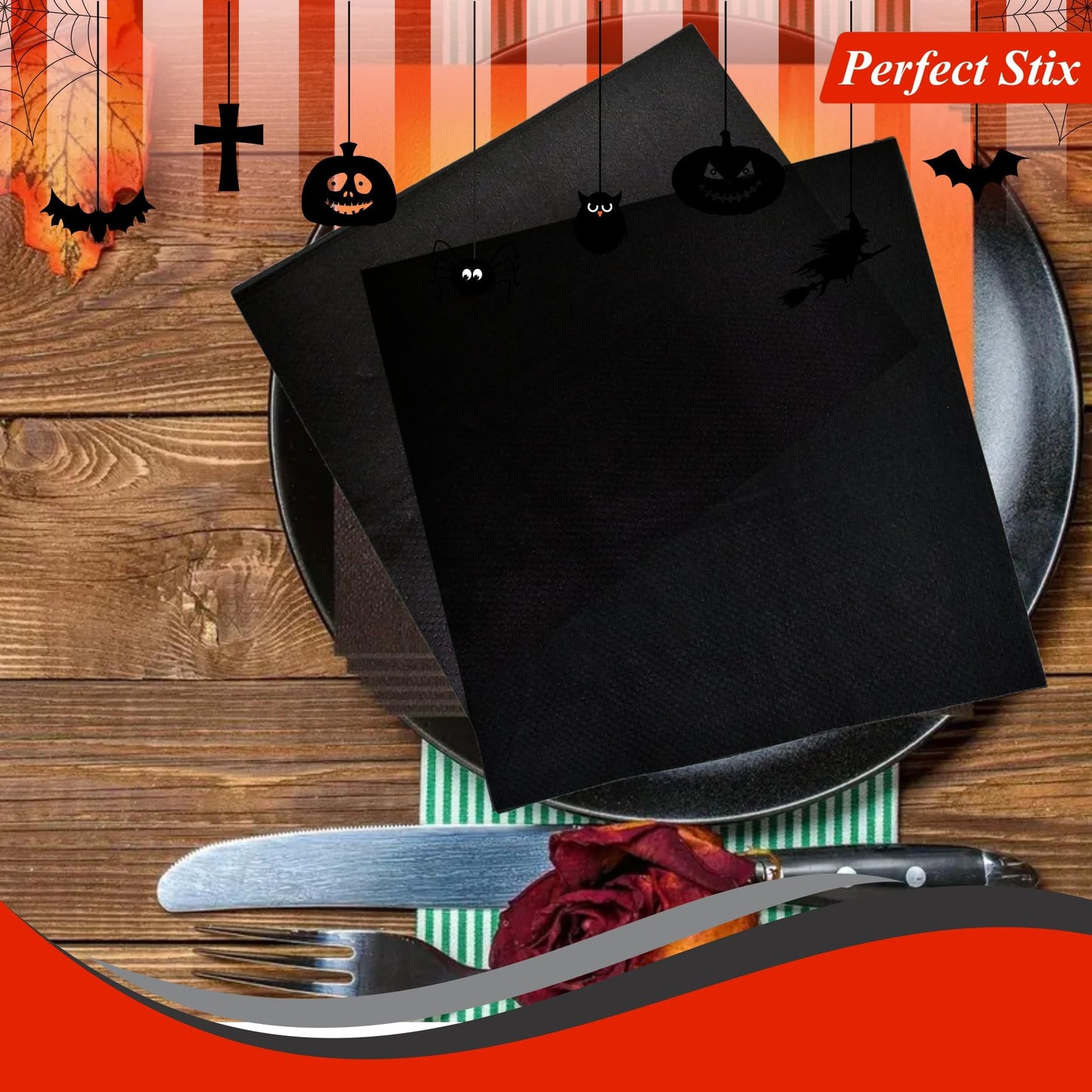 Perfect Stix Halloween Cocktail Napkins, Black and Orange, 200 Count Pack