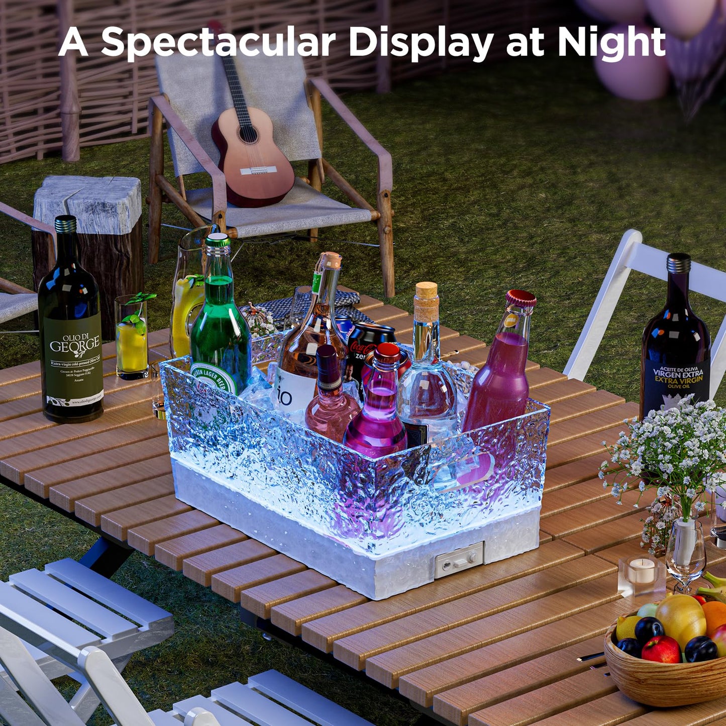 Plastic Ice Bucket Beverage Tubs for Parties, 15Liter / 4 Gallon Large Clear Drink Tub for Champagne Beer Drink Wine Cocktails, 7 Colors LED Light Up with Remote, Leakproof