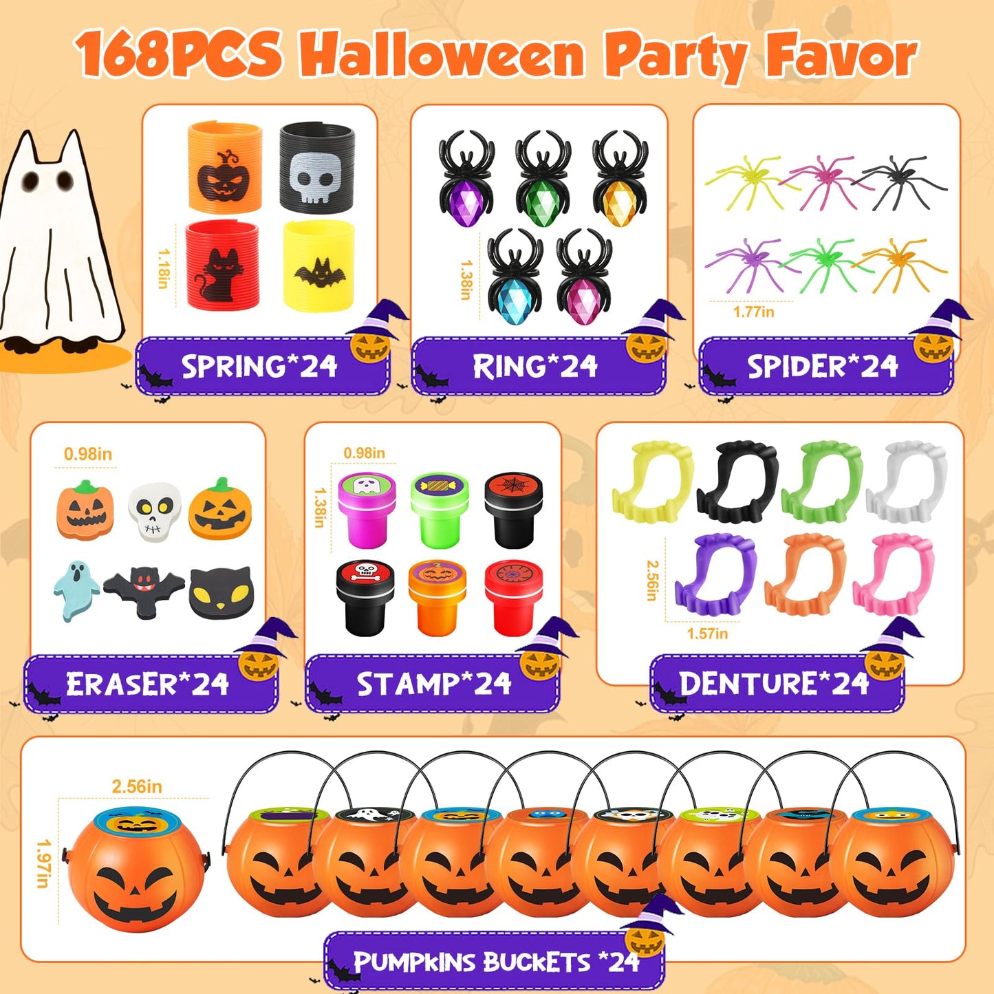 168PCS Halloween Party Favor for Kids, 24Pack Prefilled Halloween Pumpkins with Toys, Spider, Vampire Teeth, Spider Ring, Springs, Erases and Stamps for Trick or Treat, Halloween Goodies Bag Stuffers