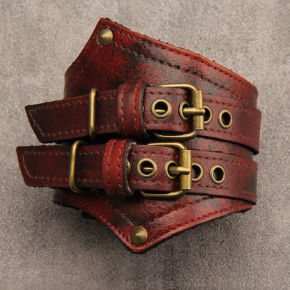 GelConnie Mens Leather Cuff Bracelet Wide Punk Rock Wristband Studded Bracelet Red Adjustable Leather Arm Band