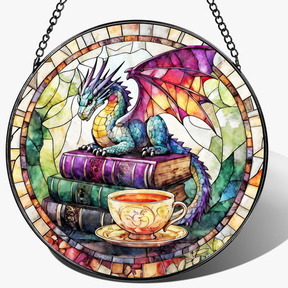 Dragon Stained Glass Window Hanging, 8 Inch Sun Catchers Indoor Window, Suncatchers for Windows Hanging, Home Decor and Christmas, Festival, Birthday, Gifts for Readers, Book Lovers, Women, Men
