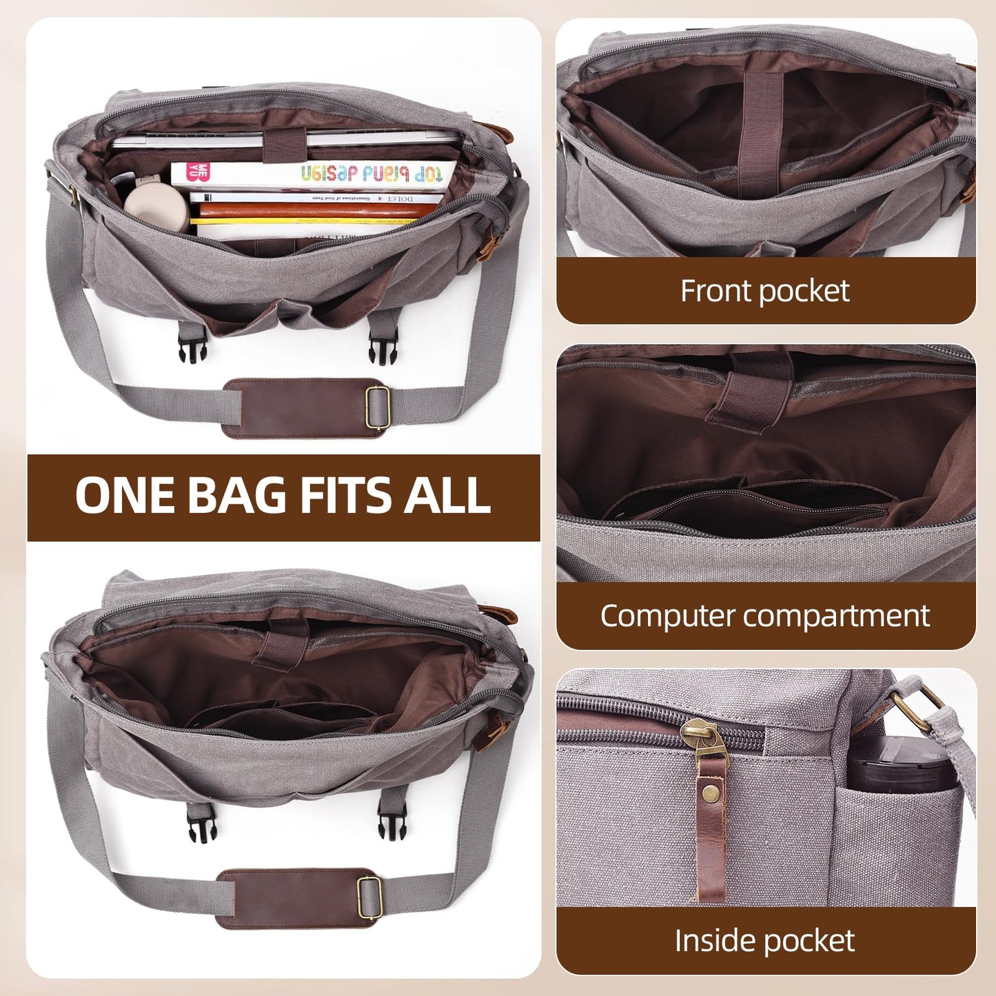 Messenger Bag for men Laptop Bag UnisexRetro Canvas Bag14-15.6 inches Casual single shoulder bag For Work College Travel (grey)