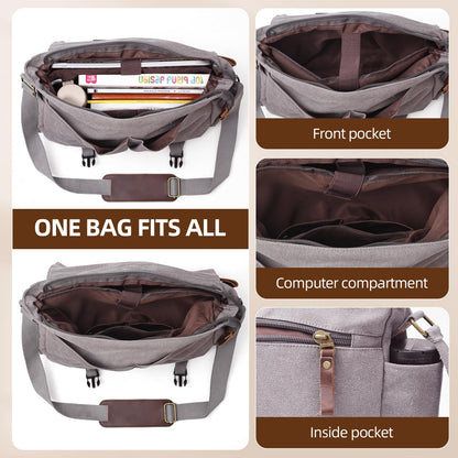 Messenger Bag for men Laptop Bag UnisexRetro Canvas Bag14-15.6 inches Casual single shoulder bag For Work College Travel (grey)