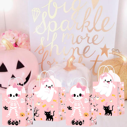 C L cooper life Halloween Party Tote Gift Bags with Handles 12pcs Pink Halloween Ghost Skull Candy Goodies Bags for Girls Ghost Bat Pumpkin Themed Trick or Treat Party Favor Supplies
