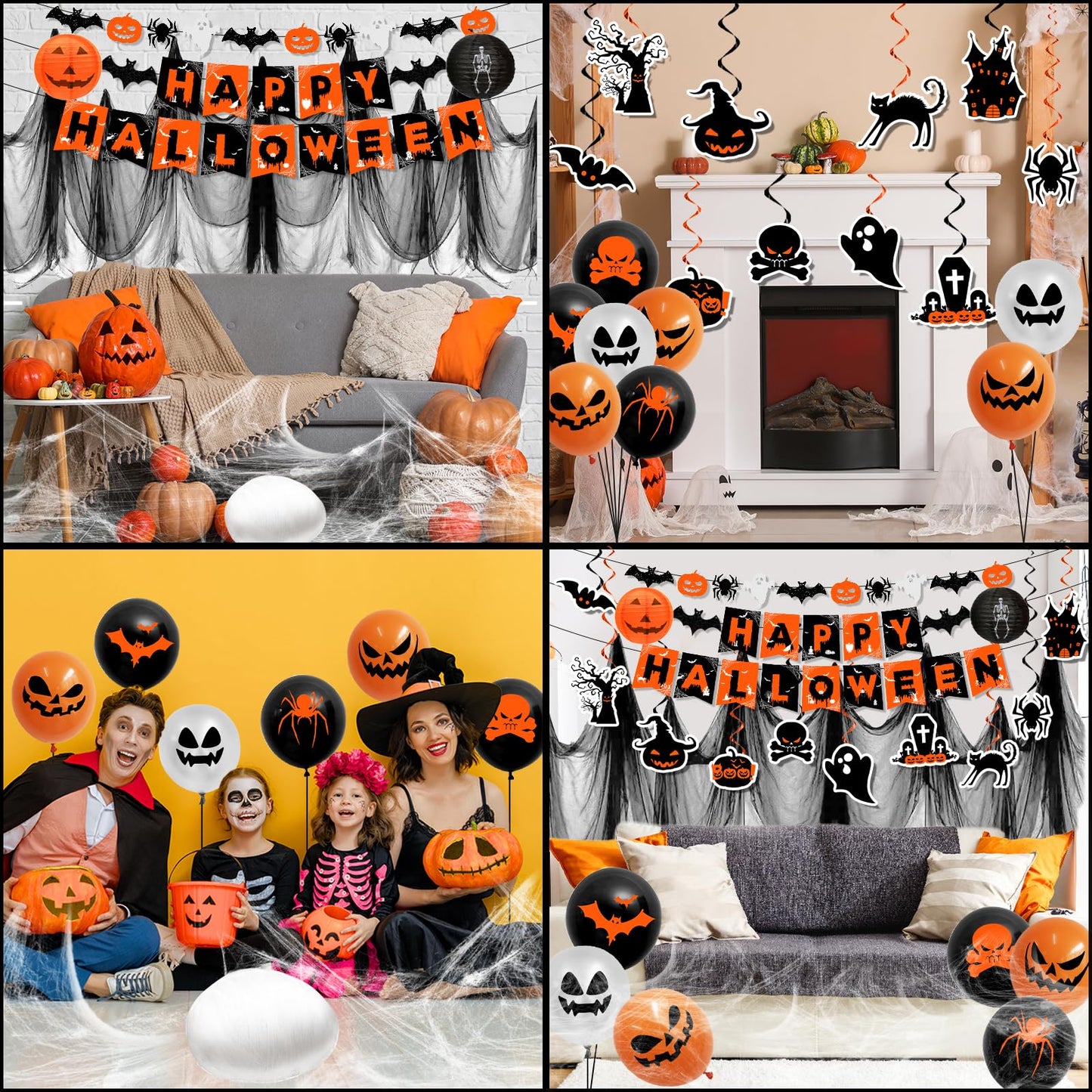 Halloween Decorations,Orange and Black Halloween Party Decorations Hanging Swirls,Ghost and Bat Spider Banner,Creepy Cloth, Balloon for Spooky halloween Decor Set