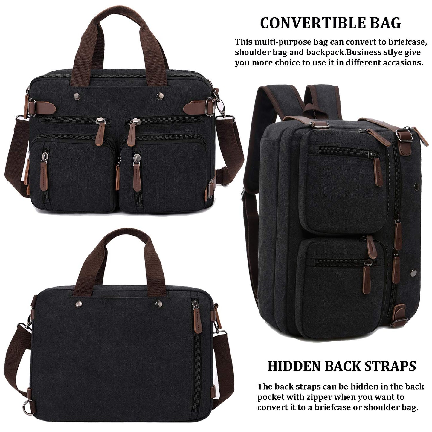 CROCOD 3 In 1 Canvas Convertible Laptop Bag for Men Women, 17.3 inch Laptop Messenger Bag Work Briefcase, Computer Shoulder Bag for Travel Business Office (17.3 Inch, Black)