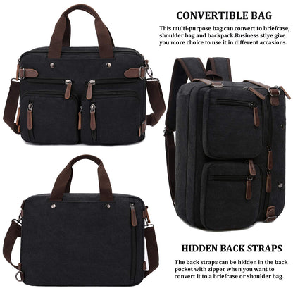 CROCOD 3 In 1 Canvas Convertible Laptop Bag for Men Women, 17.3 inch Laptop Messenger Bag Work Briefcase, Computer Shoulder Bag for Travel Business Office (17.3 Inch, Black)