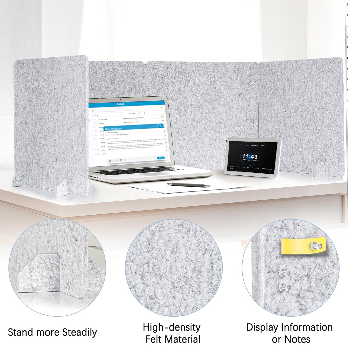 AMUSIGHT 4 Pack Acoustic Desk Dividers - 24" x 20" Freestanding Privacy Panels Set with Noise - Reducing Design Cubicle Sound Proof, Ideal for Office, Classroom, and Home (Silver Gray)