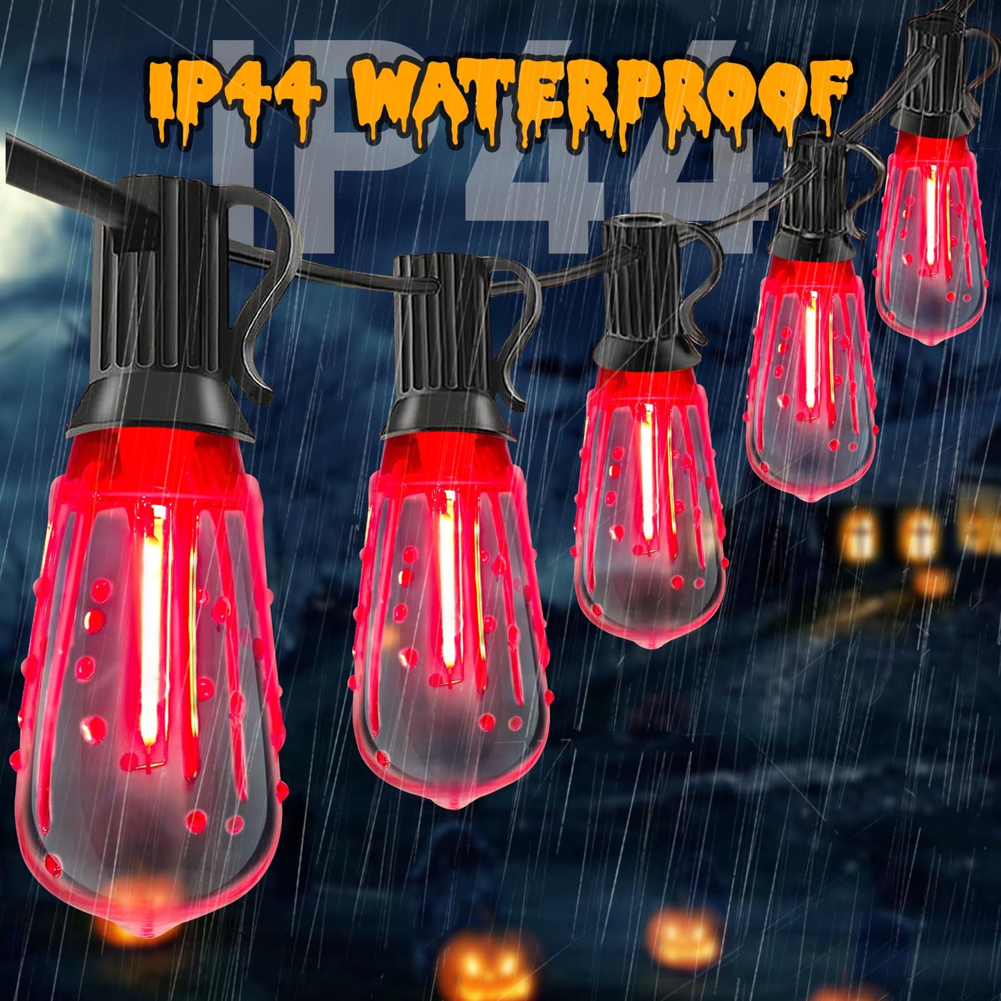 Abeja LED Flame String Lights, 10Ft ST40 Halloween Flicker Flame String Lights with 10 LED Flame Bloody Tears Bulbs, Hanging Outdoor Halloween Light for Patio Garden Party Backyard -Black