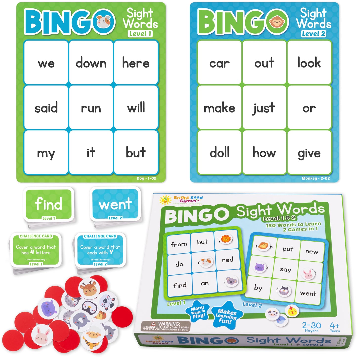 Bright Seed Sight Words Bingo Game for Kindergarten, Learn to Read Sight Word Cards, Word Games for Kids Ages 4-8, Bingo Sight Words Level 1&2, Laminated for Easy Clean