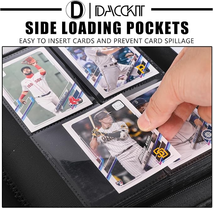 D DACCKIT Trading Card Binder 4 Pocket - Fits 336 Cards，21 Side-Loading Pages, Card Binder No Rings Folder for Collectible Games, Sports, TCG (Model D，Classic Black)