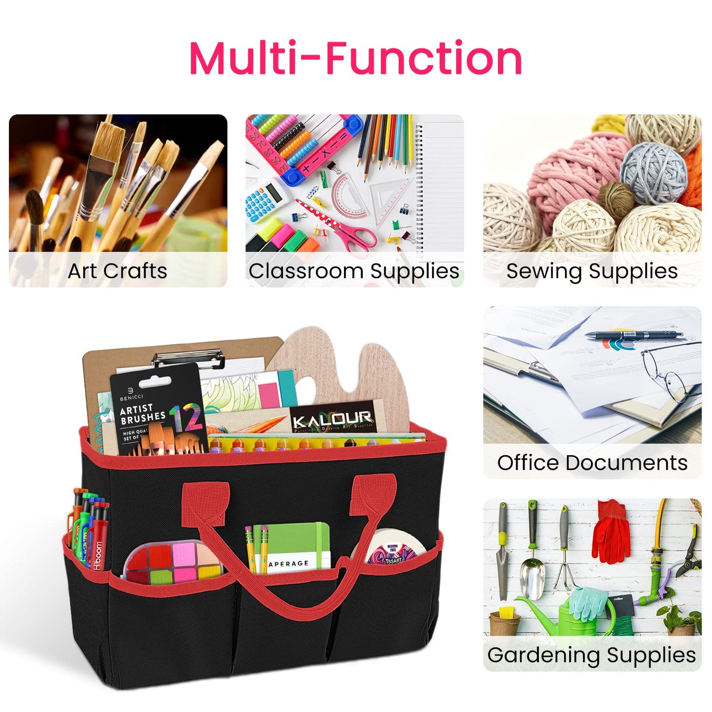 Godery Desktop Tote and Organizer, Teacher Helper caddy Bag for Arts, Books, Stationery, Office Desk Organization, Make-up Storage with Handles for Travel (Black)